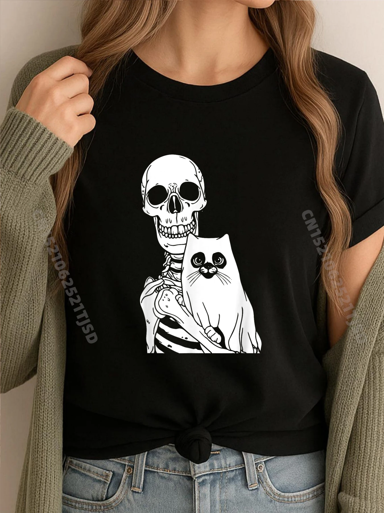 

Скелет держит кошку ленивый костюм на Хэллоуин череп котенок Camisetas одежда для взрослых ретро стираные топы футболки в стиле панк