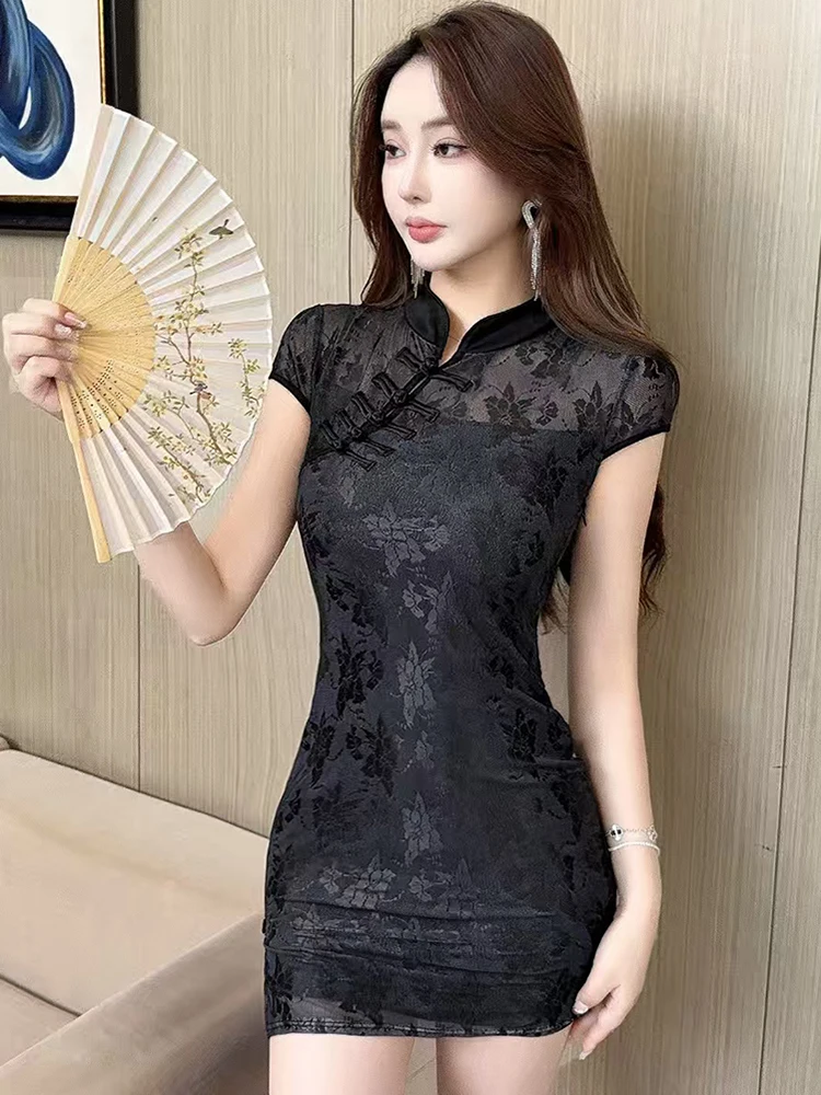 فستان نسائي وردي بأكمام قصيرة وياقة ثابتة فستان قصير للربيع والصيف أنيق على الورك فستان ملفوف على الموضة الكورية 2025 فساتين ضيقة #6