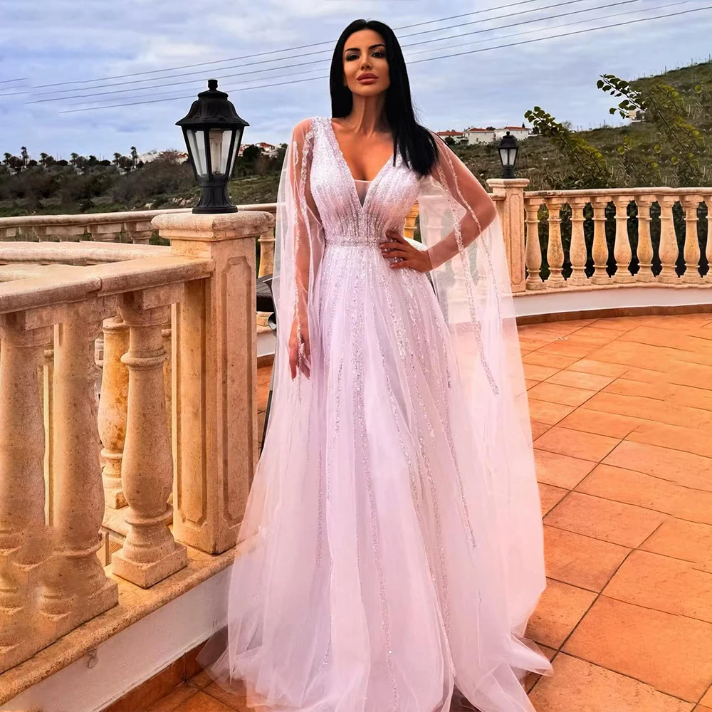 

Shiny Wedding Dresses Sweetheart Long Floating Sleeve Women Dress Sequin A-Line Tulle Bridal Gown Vestidos De Novia Customized