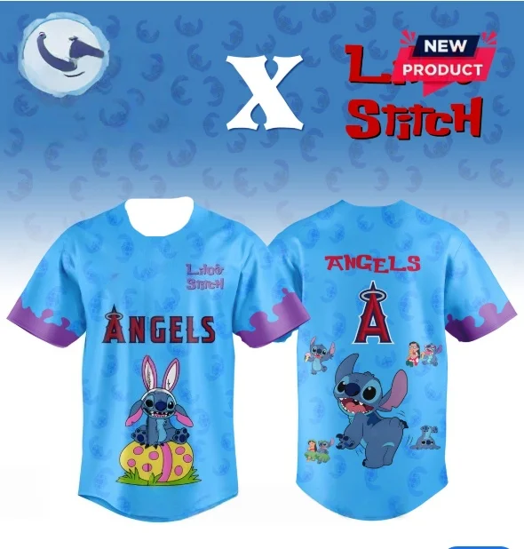 

2026 Новинка ‌ ‌ ‌ ‌ ‌ Бейсбольная футболка Disney Stitch Los Angeles Angels Dream Collaboration с персонажами аниме, спортивная уличная одежда