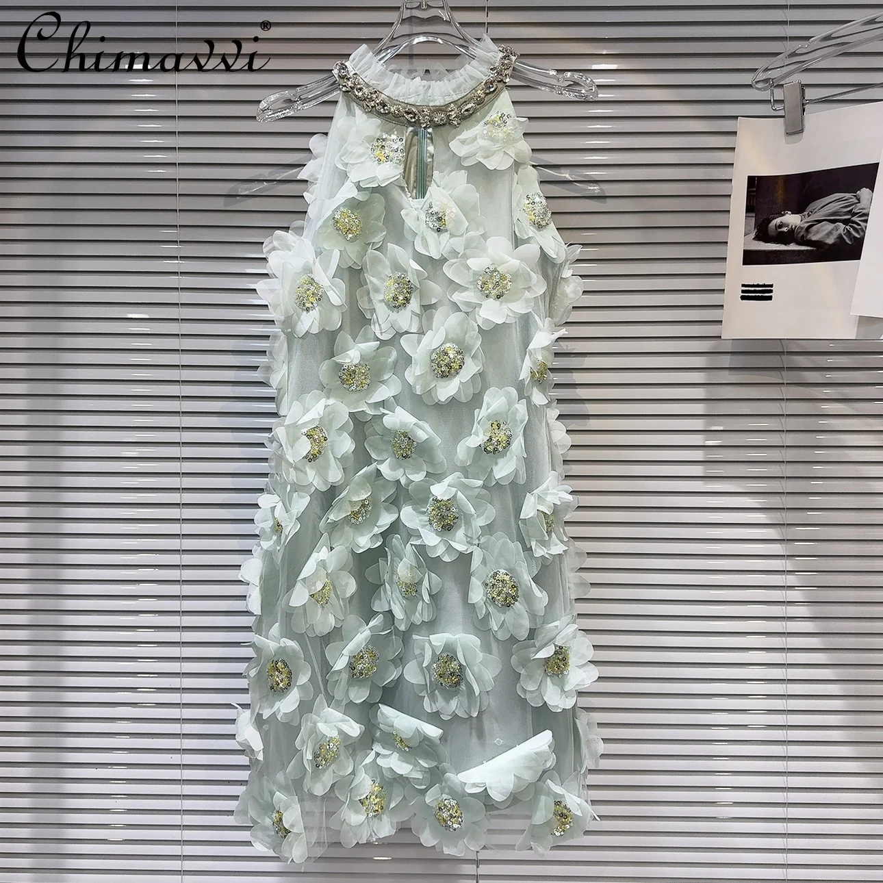 

2024 Summer New French Fashion Rhinestone Collar Chiffon Flower Short Dress Girly Elegant Socialite Party Dress for Women