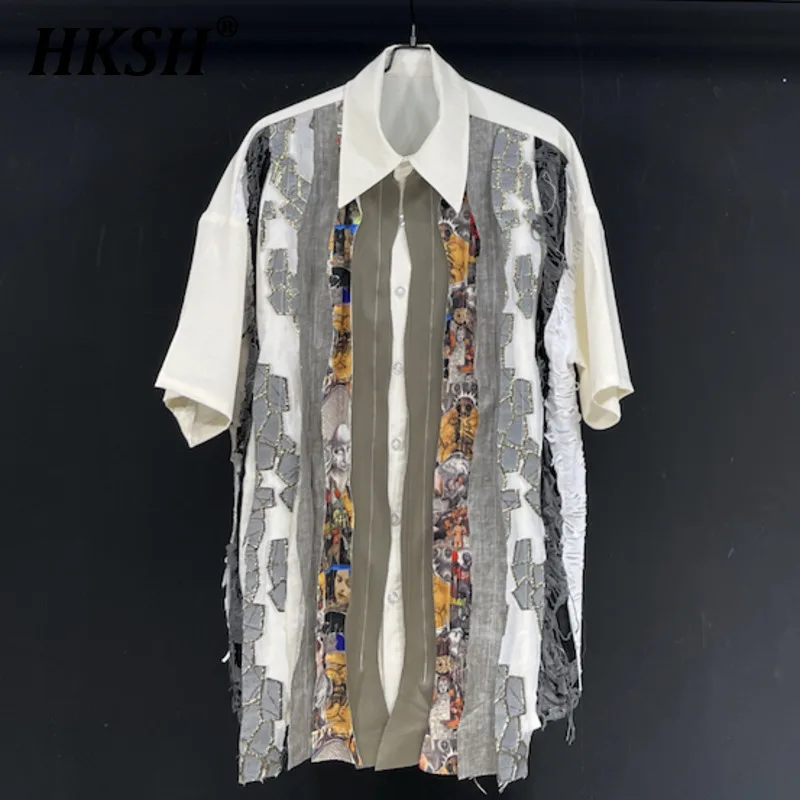 

HKSH Original Design American Retro Style Beggar Short Sleeve Shirt Men's Summer New Patchwork Tide Chic High Street Tops HK1732