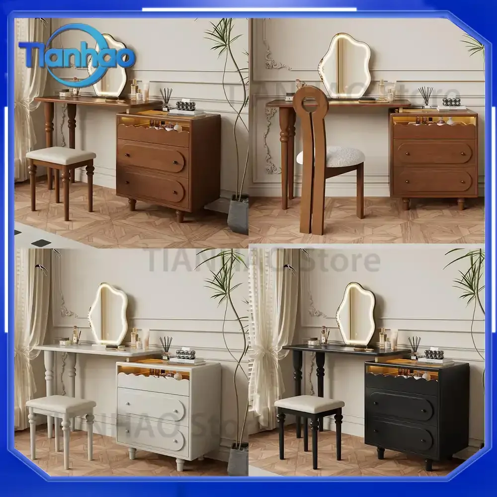 Vintage French Style Solid Wood Dresser with Vanity for Small Bedrooms Extendable Bedside Makeup Table Storage Cabinet