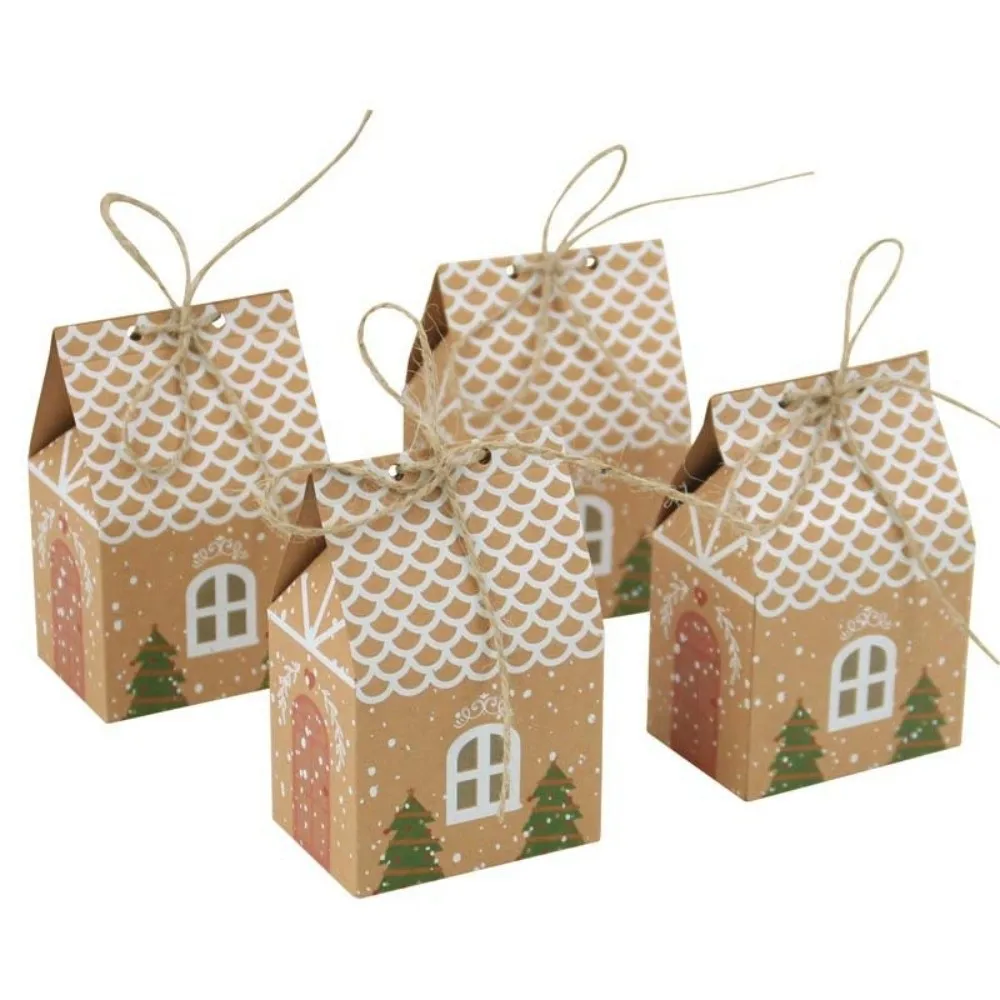 25/50/100pcs Christmas Candy Packing Box Kraft Paper House-shaped Gift Bags Twine Closure Cookie Storage Bag for Party Favors