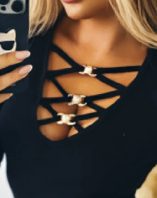 Sexy Shirts for Women 2023 Bandage V-Neck Skinny Club Wear Criss Cross Plunge Long Sleeve Top Women Skinny Solid Color Blouse