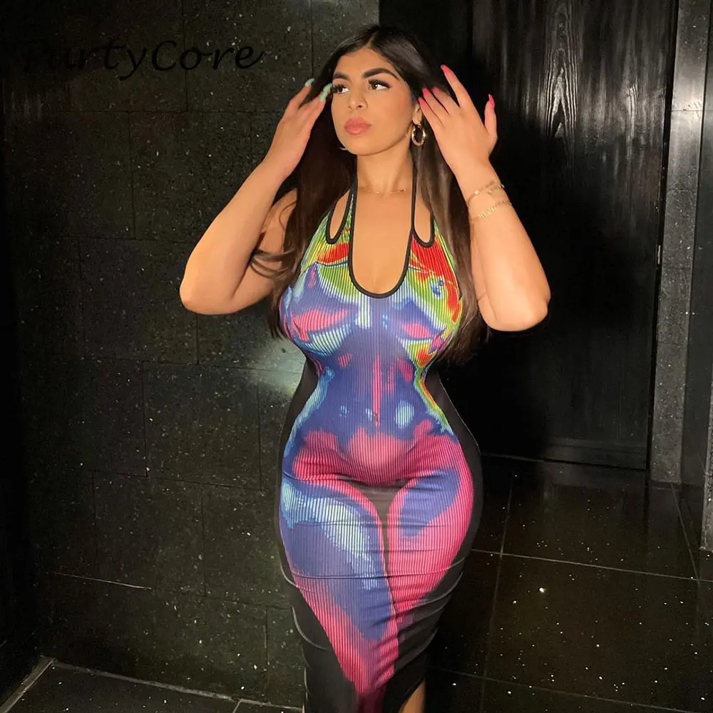 

3D Body Print Halter Bodycon Long Dresses 2023 Summer Slim Sexy Night Club Outfit Backless Bandage Party Camisole Midi Dress Y2k