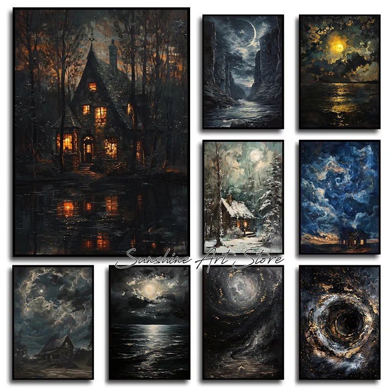 Moody Landscape Cosmic Dark Academic Moonlit Forest Winter Night Cabin Fantasy Poster Canvas Painting Wall Pictures Home Decor