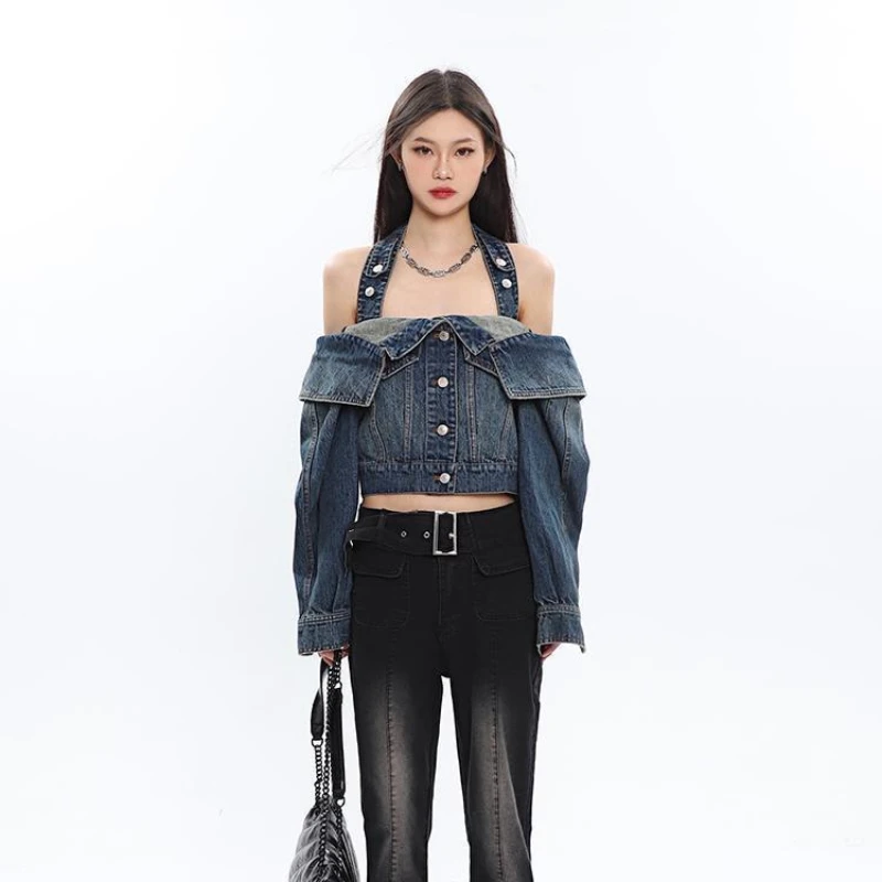 Autumn Vintage Women Jeans Jacket Strapless Casual Short Denim Jacket Baggy Coat Skinny Blue Womens Outerwear One-shoulder Tops