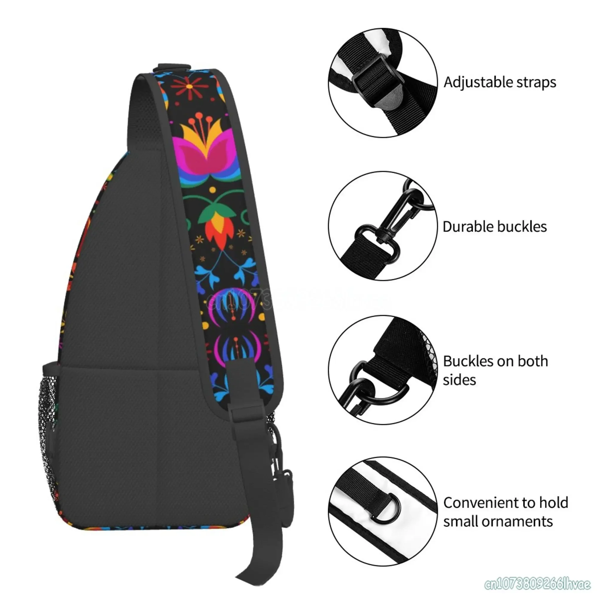 Mexican Flowers Otomi Art Print Crossbody Bags Unisex Casual Chest Bag Women Travel Sports Hiking Daypack Fashion Sling Backpack