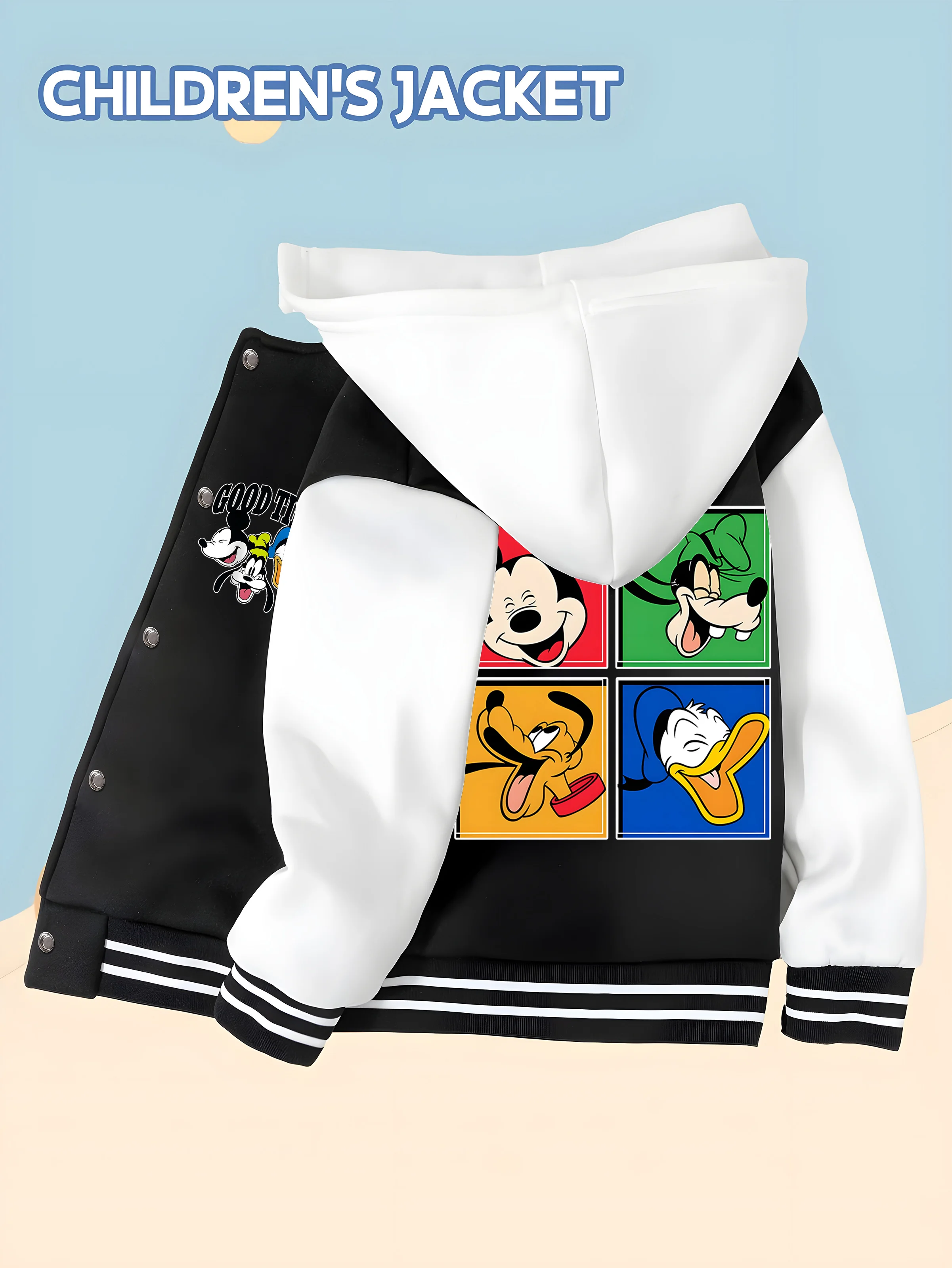 

MINISO Disney Boys Baseball Jacket - Mickey family colorful checkered print,double-sided pattern,soft, fashionable and childlike