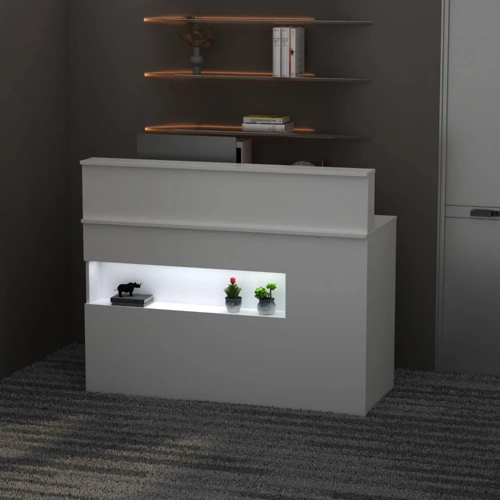 Reception Desk Front Counter Desk with Lights, Reception Counter for Sale, Lockable Drawers & Cabinet, for Clinic Salon White