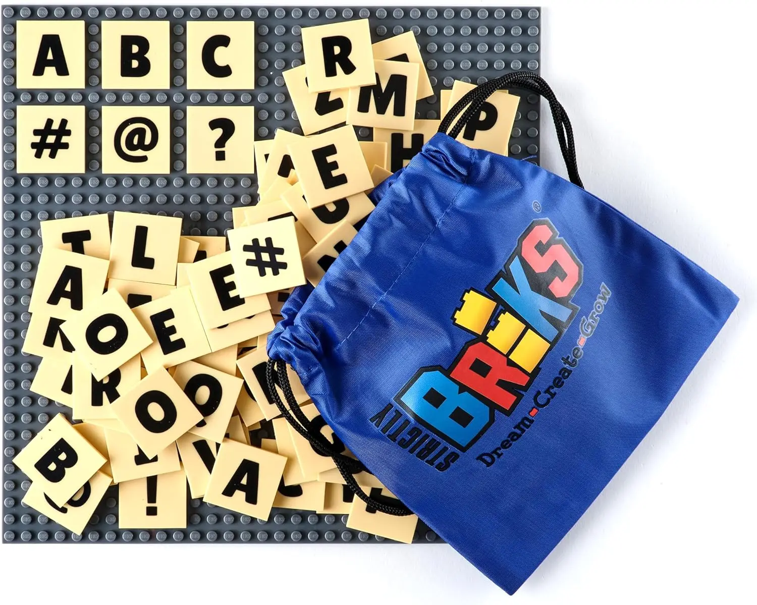 

AlphaBriks and 10x10 Grey Baseplate, 100 Pieces, 2x2 Alphabet Letter Bricks, Easy to Remove, Fun and Educational Tool, 100% Comp