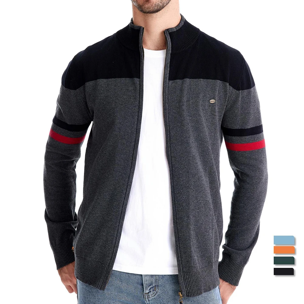 AIOPESON Mens Zipper Up Cotton Cardigan Sweater Casual Patchwork Fashion Autumn and Winter Knitted Sweaters for Men