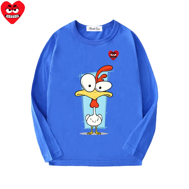 Duckling Printing Boy Girl T-shirt Cotton Cartoon Red Snag Heart Embroidery O-neck Long Sleeved Straight Summer T-shirt