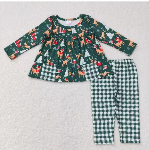 

Girl Christmas Deer Long Sleeves Pocket Tunic Children Outfit Green Plaid Leggings Pants Toddler Kids Sets