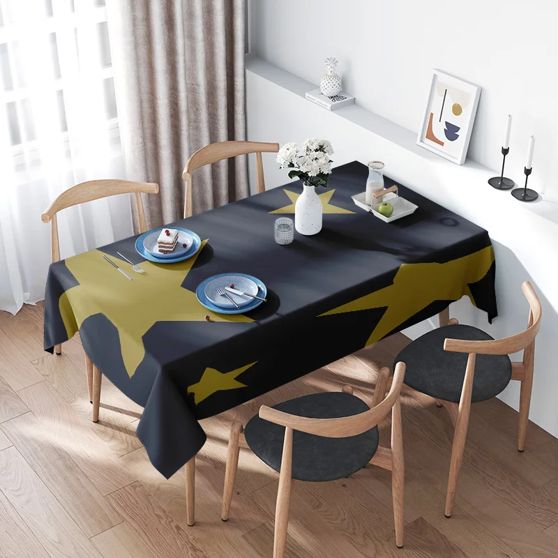 

Modern Star Print Tablecloth with Frayed Edges - Decorative Dining Cover for Home Parties - Navy Blue and Olive Green Color Comb