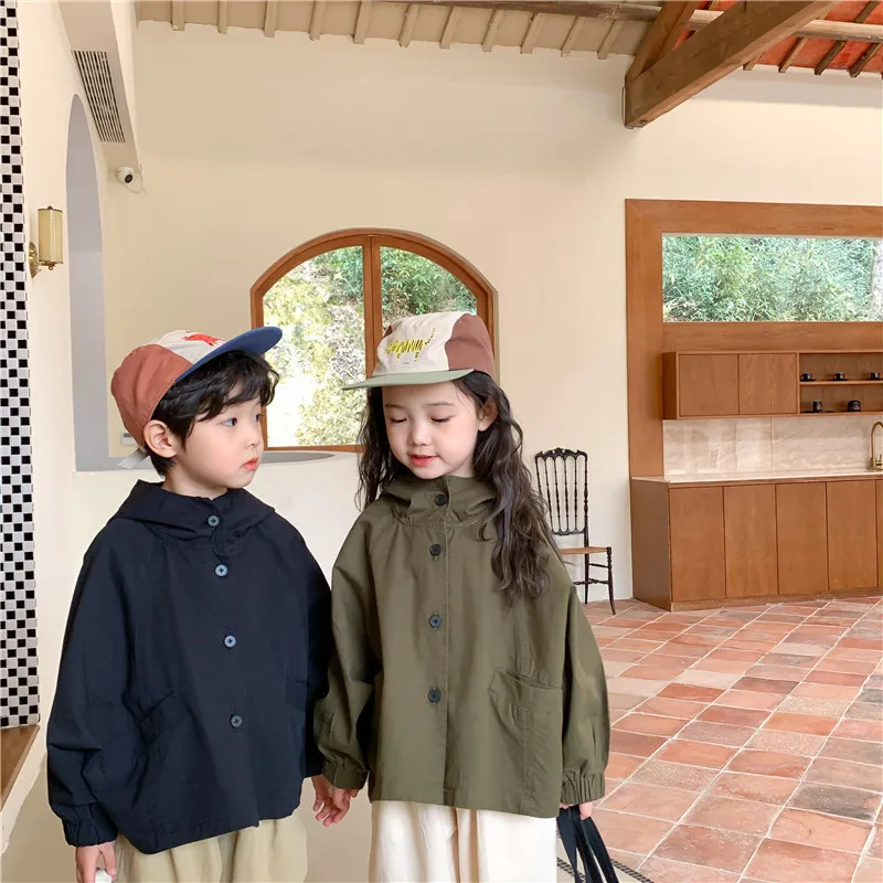 

Baby Girl Top 2024 Spring and Autumn New Korean Children Hooded Trench Coat Boys Loose Casual Long-sleeved Fashion Durable Coat