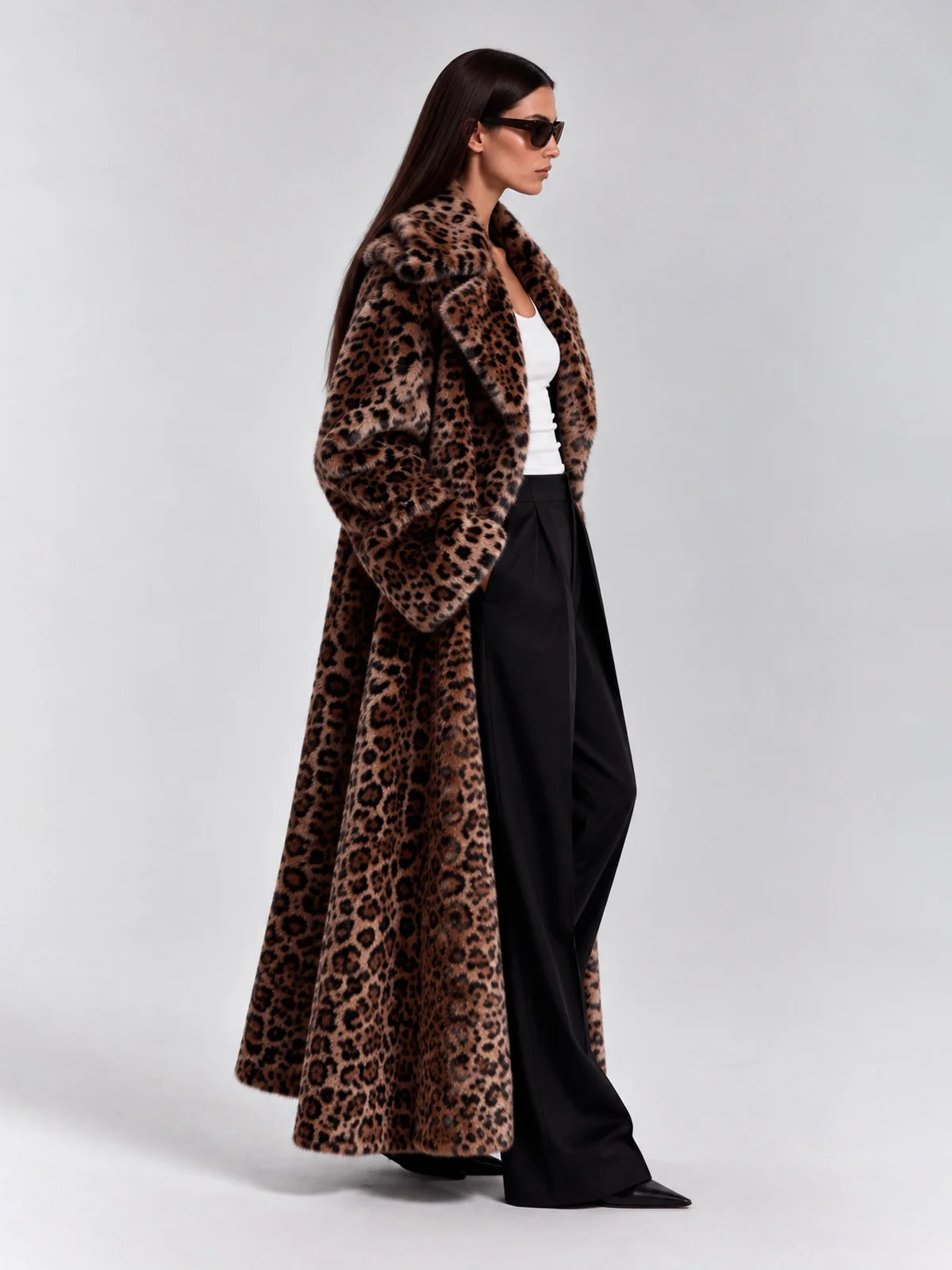 Laur Women Winter Leopard Print Faux Fur Long Coat Lapel Collar Loose Warm Fluffy Overcoat Streetwear Outerwear 2026