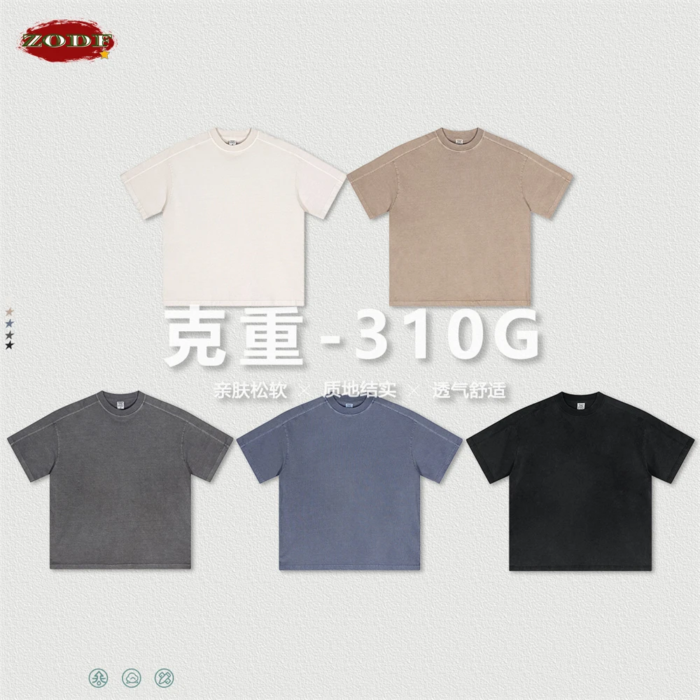 ZODF 2024 Spring Summer Washed Cotton T-Shirts For Men Unisex Women Vintage 310gsm Patchwork Loose T Shirt Brand Tops HY0802