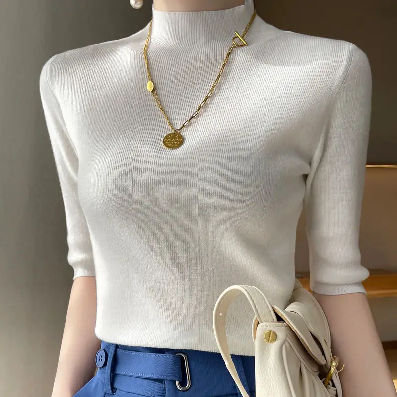 Women Cashmere Knit Tops 2023 Spring Half Sleeve Slim Knitwear Ladies Elastic Pullover Sheep Wool Knit Clothing Shirts