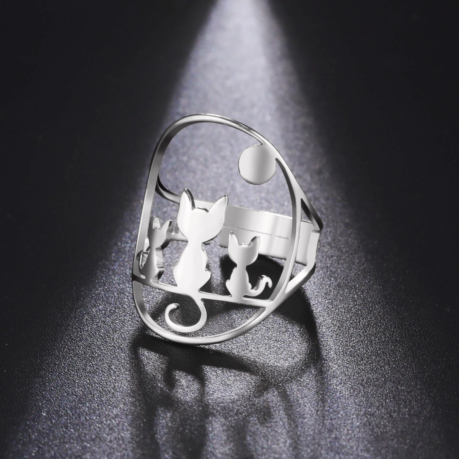 Skyrim Three Sitting Cats Full Moon Rings for Women Stainless Steel Adjustable Animal Ring Jewelry Birthday Gift New In