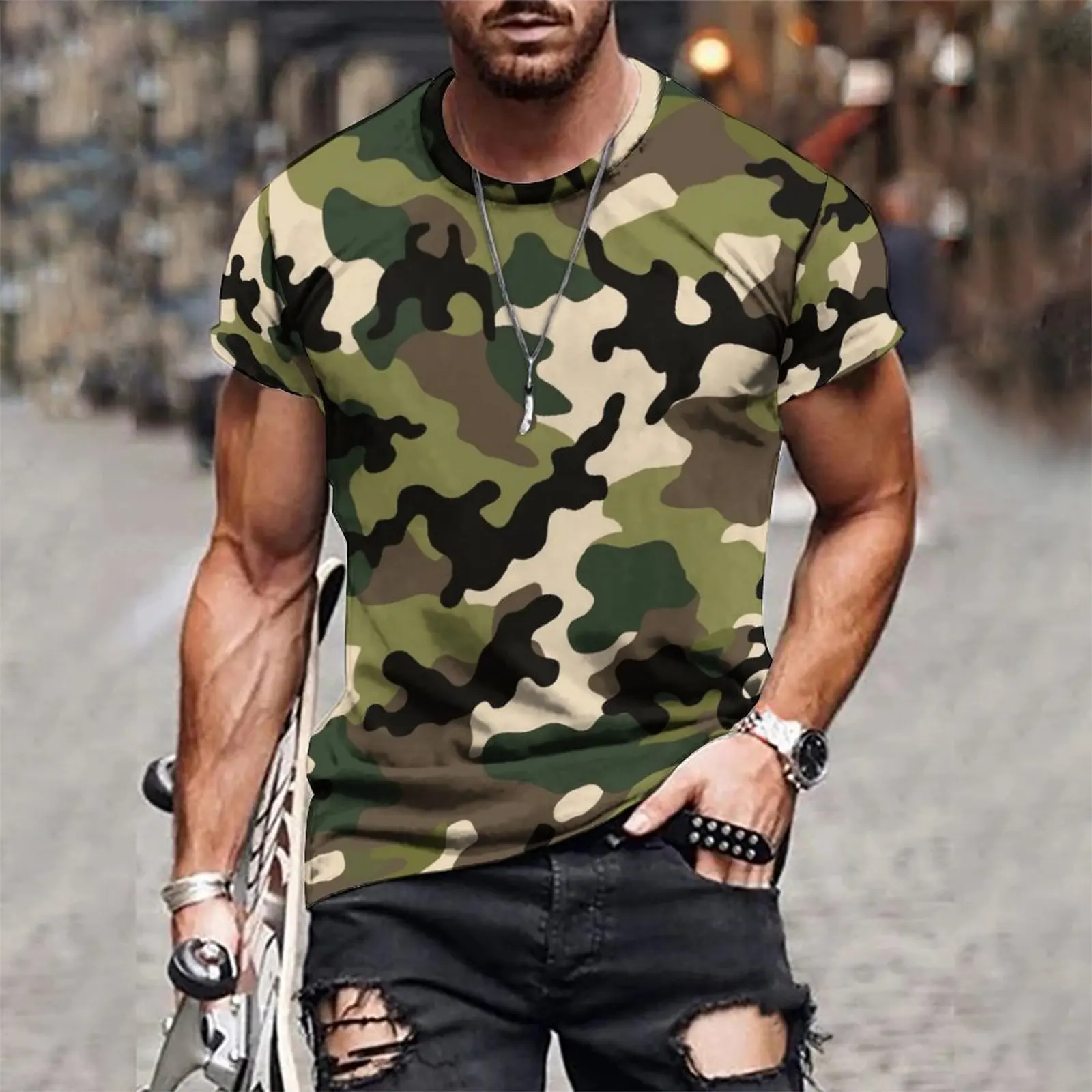 Military-Inspired 3D T-shirt with Green, Black, and Brown Camo Print