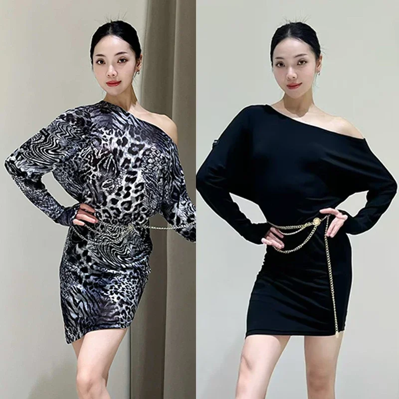 

Slanted shoulder Latin Dance Dress Loose Dress Adult Rumba Dance Wear Sexy Latin Performance Costume Competition Dress