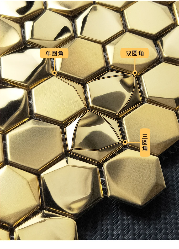 2024 Luxury Gold Hexagon 3D Embossed Stainless Steel Mosaic Tile 33Pcs/Box Wall Art Panel For TV Background,Living Room Decor