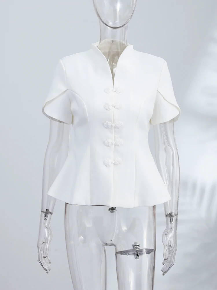 Puffärmel-Oberteil mit Froschknöpfen und Taillenschnürung für Damen, Vintage-Stehkragen, Kurze Ärmel, Rüschen, Schlankes Top, Modische Damenmode, Neue Streetwear – Detail 8