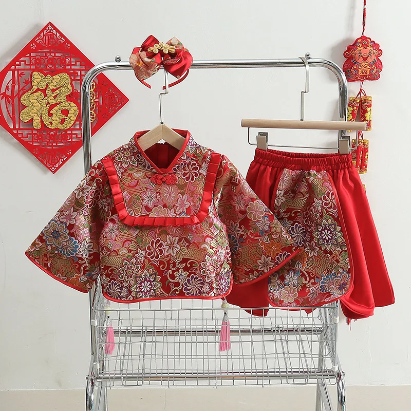 Children Tang Dress Red Embroidery Chinese Style Girl Baby First Birthday Dress Baby Kid Happy New Year Clothes Set