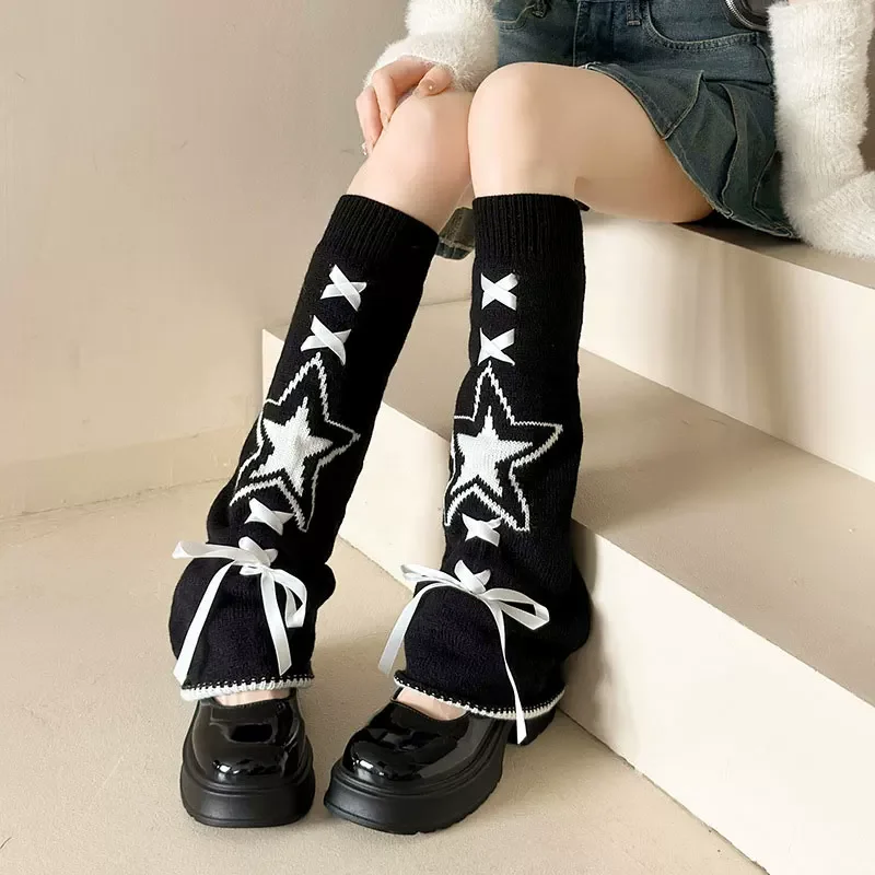 New Korean Fashion Women Y2K Subcultural Girls Leg Warmers Autumn Winter Drawstring Five Pointed Star Knitted Wide Leg Socks