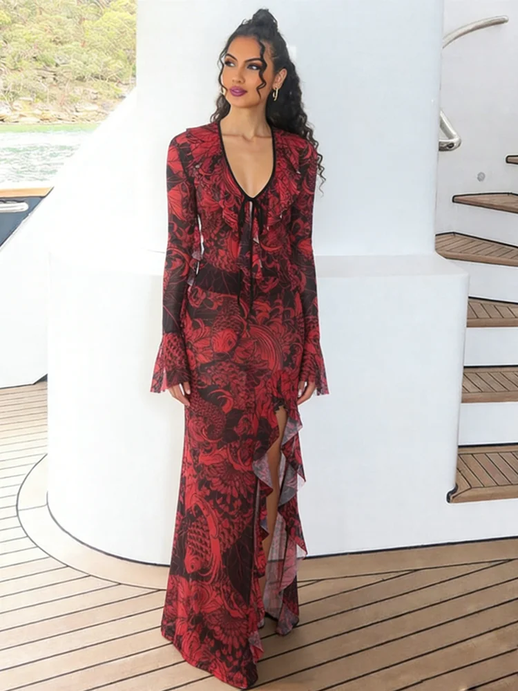 

Whatiwear Bell Sleeve Sexy 2Piece Set Women Koi Fish Print Low-Neck Ruffled Collar Top+Irregular Split Ruffle Hem Fit Streeweart