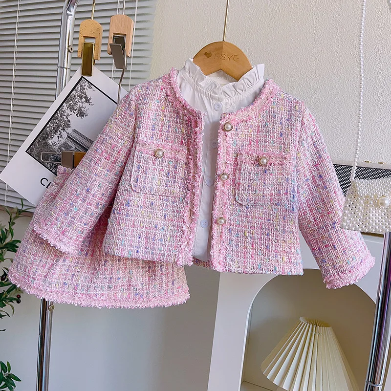 

Girls Fashion Small Fragrance Suit Spring And Autumn Pink Long-Sleeved Round Neck Coat + Skirt Two-Piece Set