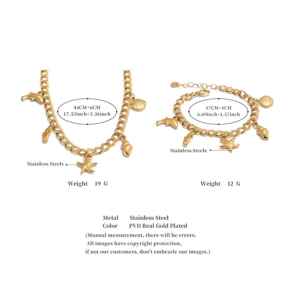Yhpup Ocean Style Stainless Steel Seashell Conch Starfish Seahorse Drop Necklace Bracelet Bangle Waterproof Summer Daily Jewelry