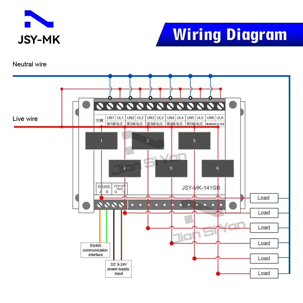 JSY-MK-141G 6-channel RS485 AC Energy Meter 1 RS485 Modbus~RTU 1-500V 50mA-150A