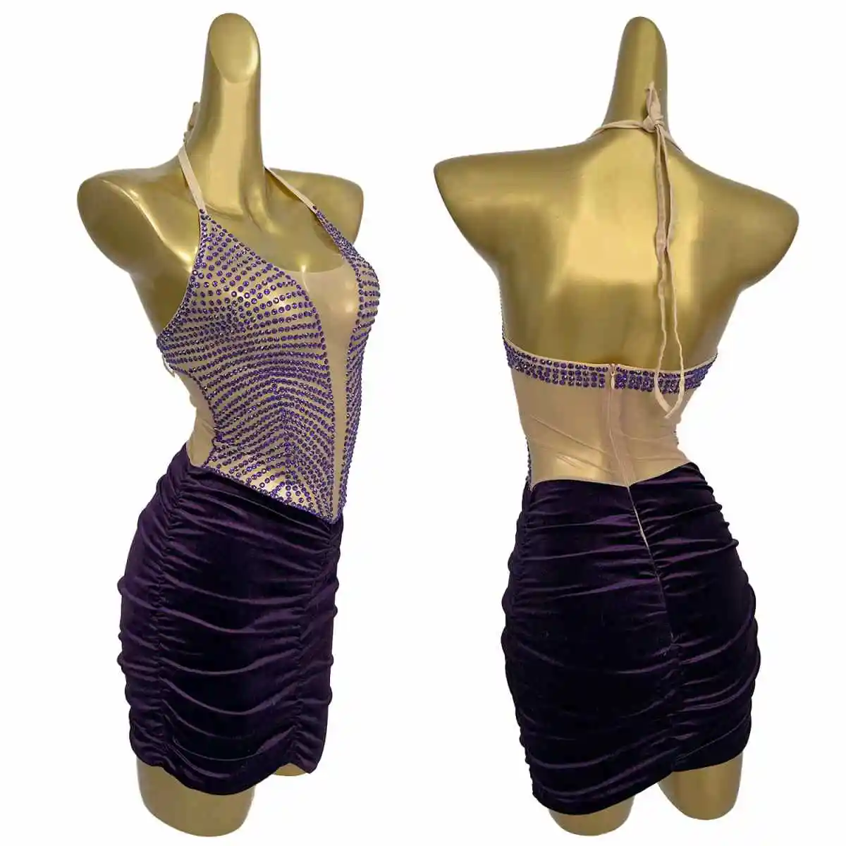 

Sexy Women Purple Velvet Crystals Dress High-End Concert Singer Performance Costume Party Event Evening Short Dress Ziwaixian