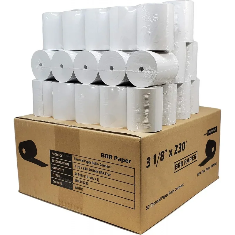 (55 GSM Paper Thickness Coreless) 3-1/8 x 230' (100 Rolls - 2 Cases) Bpa Free Thermal Receipt Printer Paper | No Branding | Bla