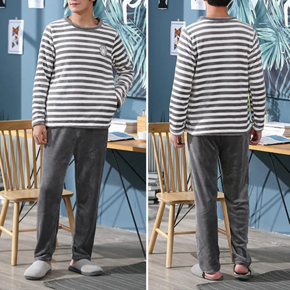 Men Pajama Set Relax Fit Loungewear Striped Round Neck Men's Fall Winter Pajamas Set with Thick Coral Fleece Top for Warm