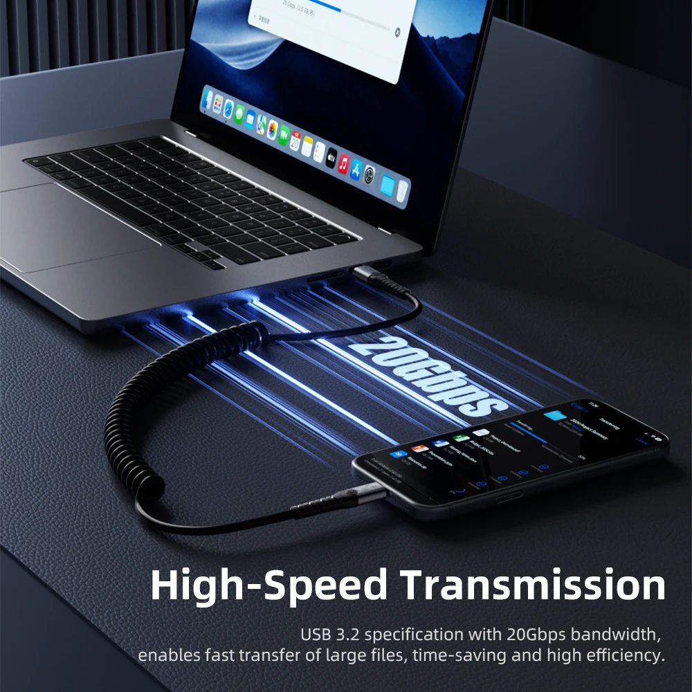 Full Function Type C Cable USB3.2 Gen2 USB C 20Gbps Transfer 100W Fast Charging 4K Portable Spring Cable For MacBook iPhone 16