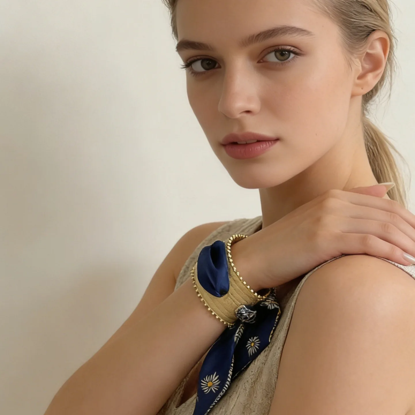 Navy Daisy Print Silk Scarf Tie Cuff Bracelet Women Gold Sun Face Embossed Wide Open Wrist Statement Jewelry
