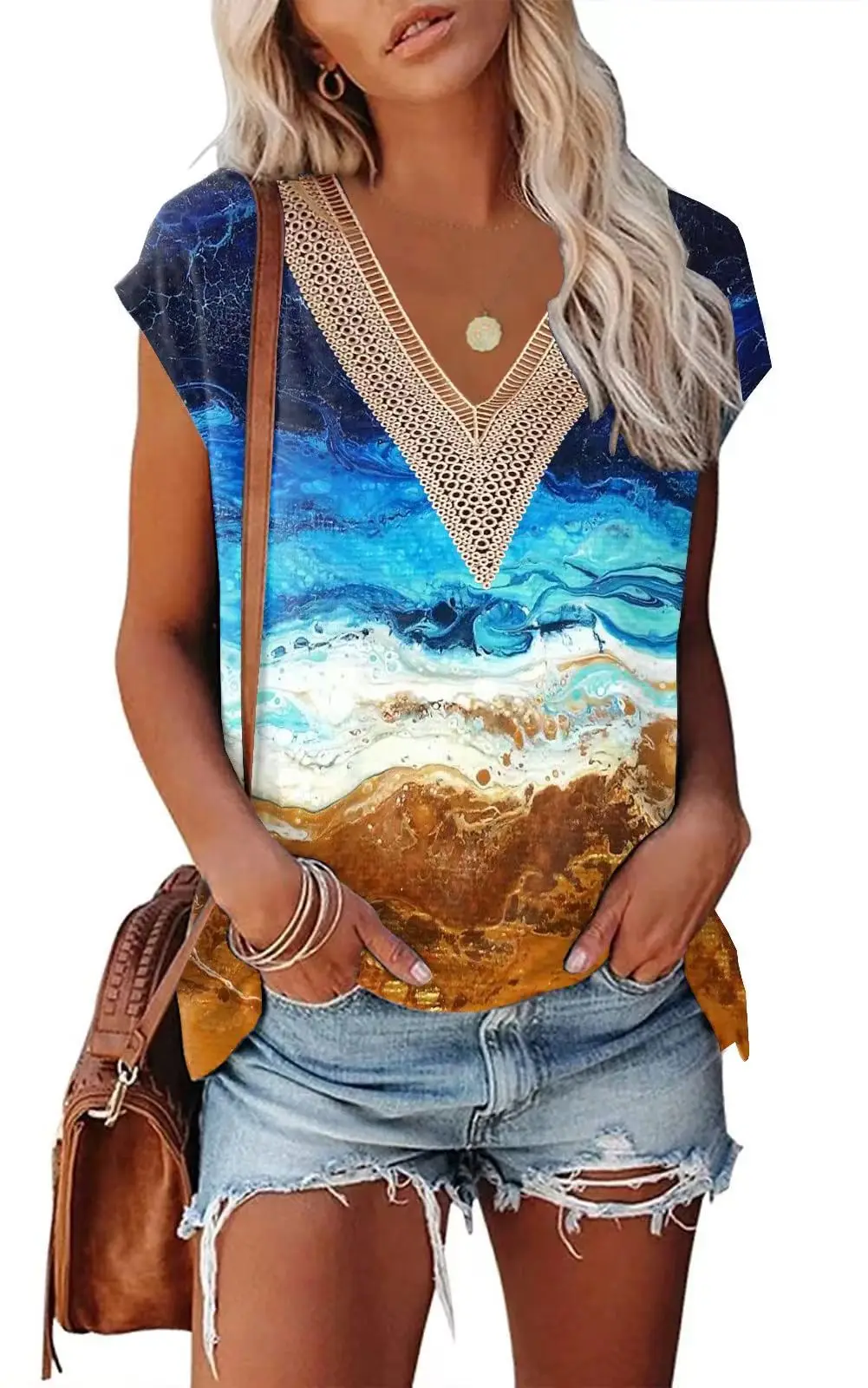 2024 Summer New V-neck Lace Hollow Design Colorful Landscape Women's Top Short sleeved Casual Summer Top