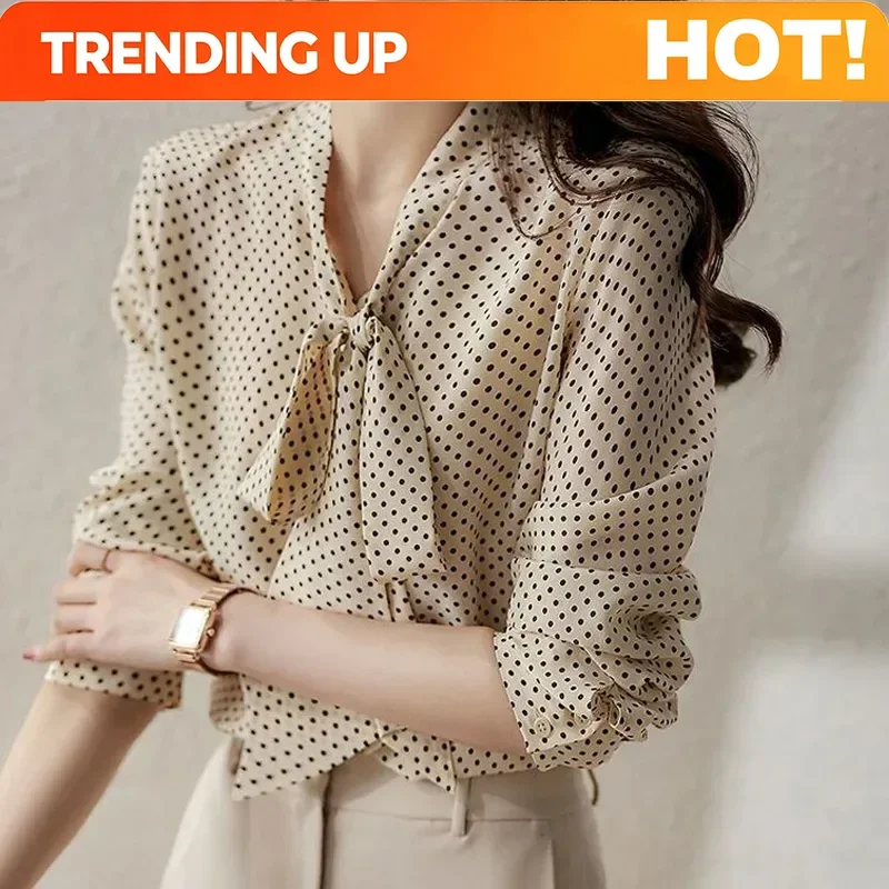 Camisa de lunares personalizada de primavera, blusas de moda para mujer, cardigan fino de manga larga con botones y lazo verde, estilo elegante