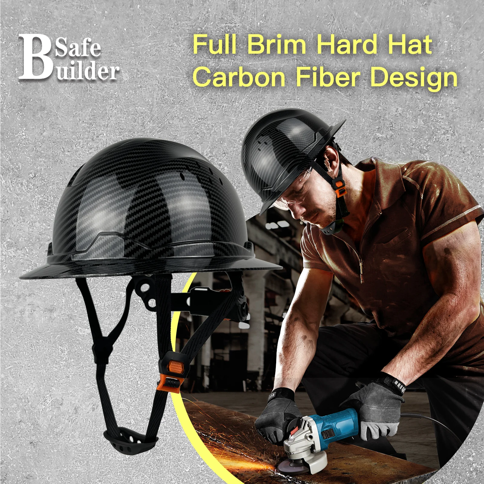 Full Brim Hard Hat for Engineer, Carbon Fiber Pattern Safety Helmet, Sunshade ANSI Head Protection, Industrial and Construction