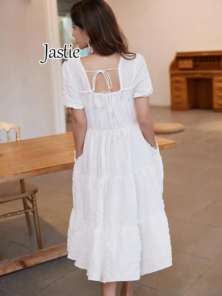 Jastie White French Midi Dresses Square Neck Short Sleeve A-Line Beach Dress 2024 Summer New Women's Dress Seaside Vacation