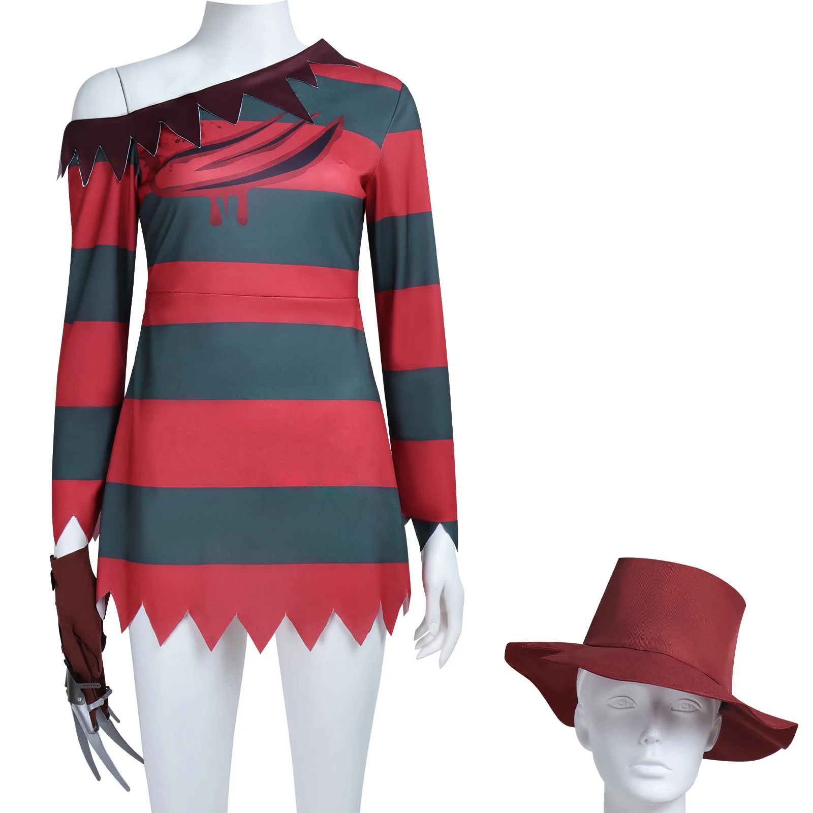 Adults Freddy Krueger Cosplay Halloween Costume Red Black Stripes Dress Top With Hat Gloves With Sharp Claws Set for Women Men - view 3