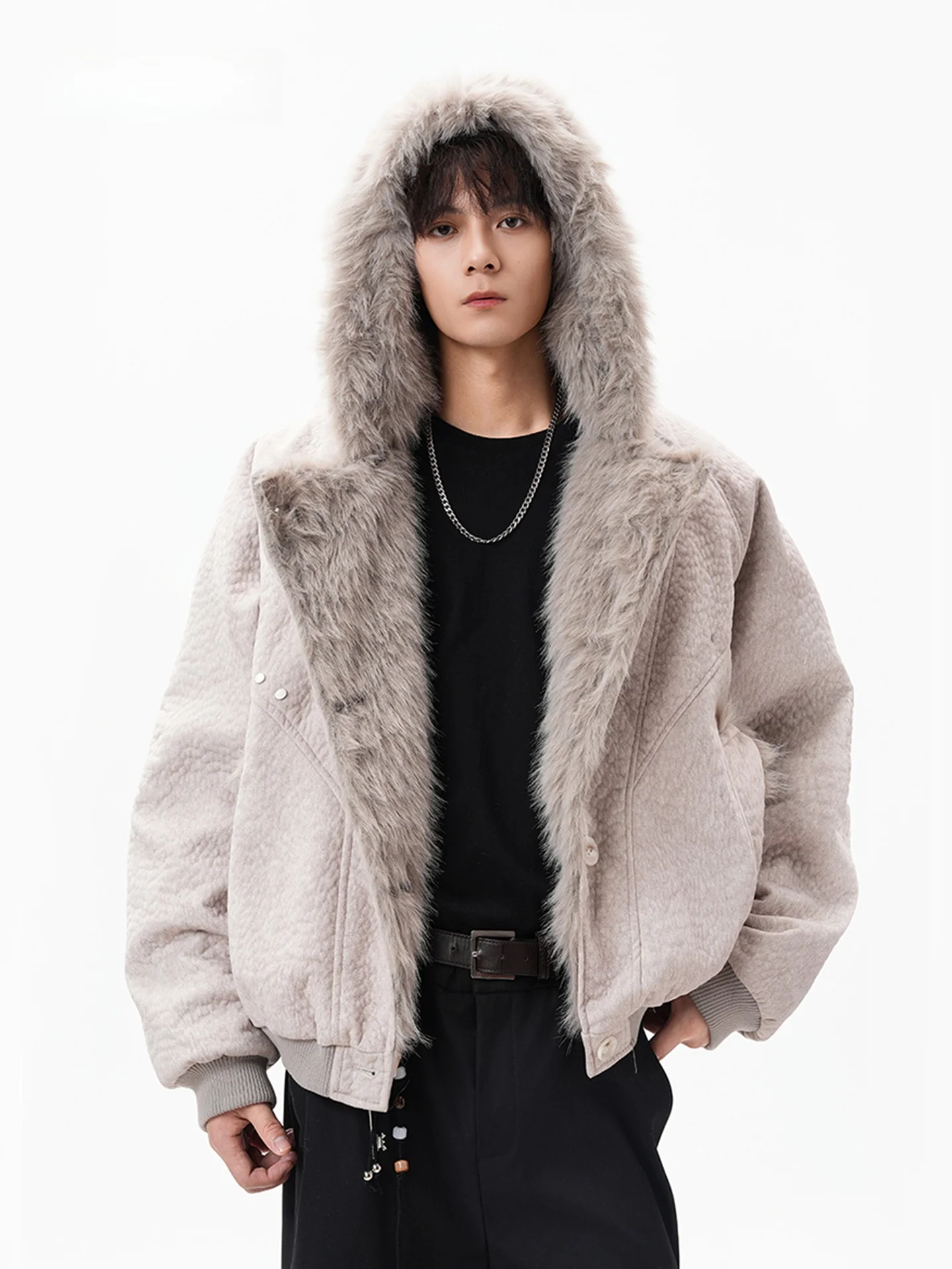 

Retro American Rabbit Fur Jaet Men's Winter Thiened Floing Hooded Coat Boxy Sle Cotton Clothes for Youth Casual Wear