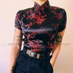 Traje de estilo chino para mujer, ropa Tang de manga corta, Tops Qipao tradicionales, camisa Cheongsam de satén, blusa Jacquard a la moda para mujer