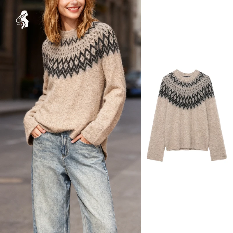 

Nordic Geometric Pattern Loose Sweater Jacquard Crew Neck Knit Versatile Knit Top For Autumn And Winter Commuting Woman Clothes
