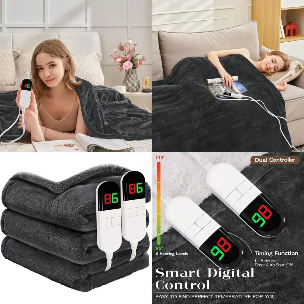 

Queen Size 84x90 Electric Heated Blanket - 6-Level Soft Flannel Sherpa with Dual Controls, Auto-Off & Machine Washable (Grey)