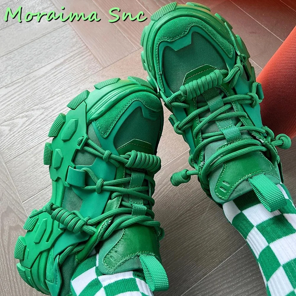 

Round Toe Thick Bottom Lace Up Sneakers Fashion Women Shoes Green Solid Casual Sport 2023 New Arrivals Dad Shoes Mid Heel Cool